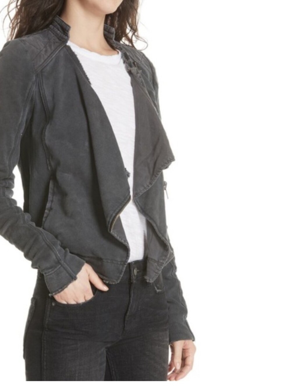Free People Black Washed Moto Distressed Large Jacket with Asymmetrical Zipper